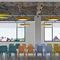 School Modern Activity Lounge With Colorful Sofas Chairs Pendant Lights Windows And Green View