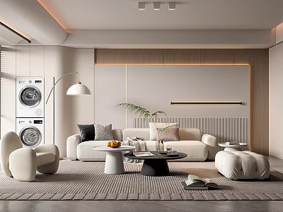 Modern Living Room With White Sofa Armchair Coffee Table Ottoman Floor Lamp And Potted Plant 3d model