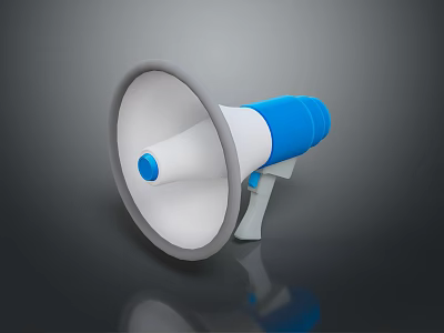 Computer Megaphone With Blue White Body Gray Edge And Dark Background Reflection 3d model