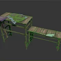 Modern Outdoor Scene With Wooden Folding Table Folding Bench And Green Cloth