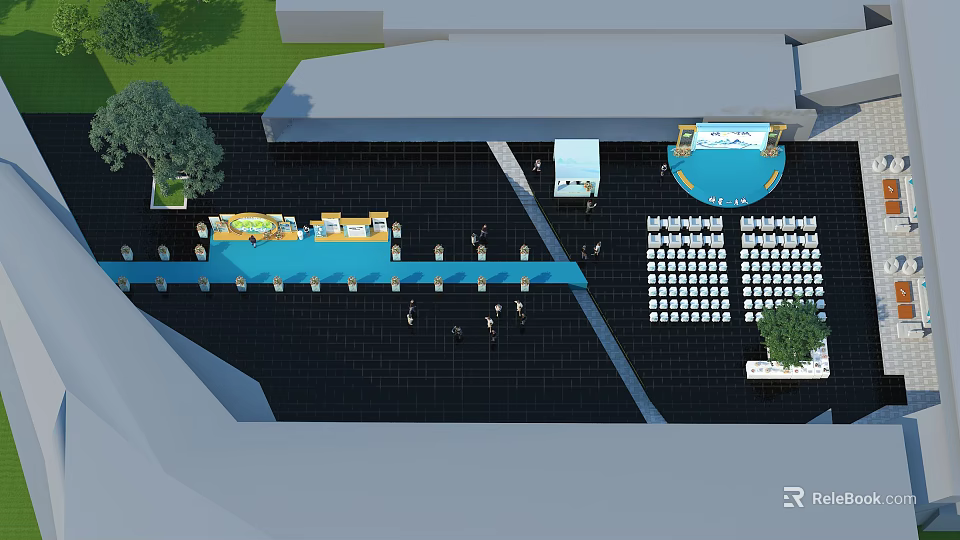 Event Venue Layout With Organized Seating Stage Green Plants And Functional Zones 3d model 