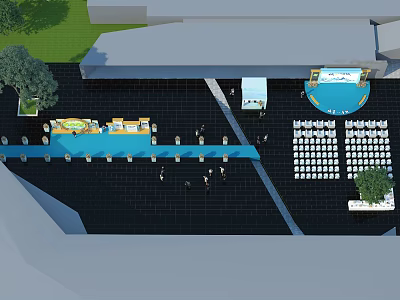Event Venue Layout With Organized Seating Stage Green Plants And Functional Zones 3d model