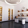 Modern Public Office Space Interior With Illuminated Shelves Central Desk And Round Pendant Light
