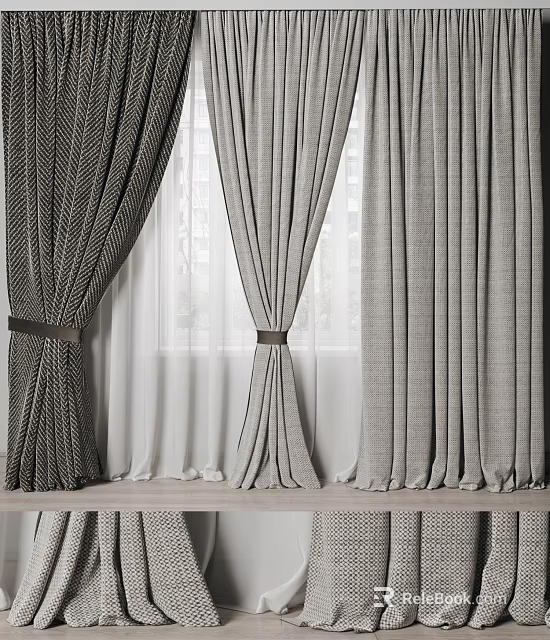 Various Textured Curtains in Neutral Tones with Tiebacks for Modern Home Interior 3d model 