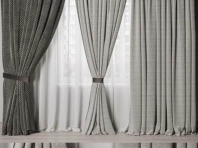 Various Textured Curtains in Neutral Tones with Tiebacks for Modern Home Interior 3d model