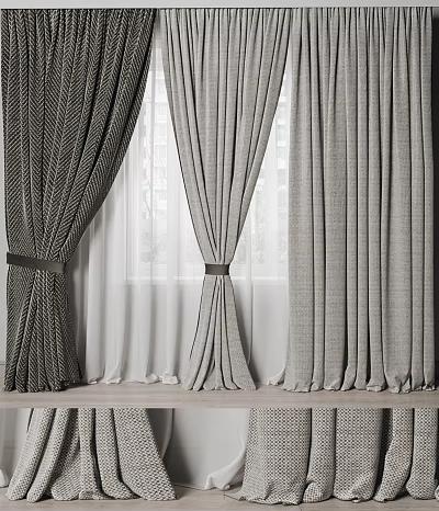 Various Textured Curtains in Neutral Tones with Tiebacks for Modern Home Interior 3d model