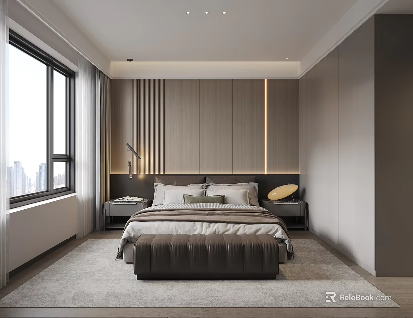 Modern Bedroom Interior Design With Wooden Accent Wall LED Strip Lighting And Bed Bench 3d model 