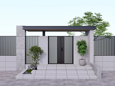 Detached Villa Modern Entrance With Black Front Door Green Plants Stone Steps And Metal Fence 3d model