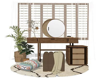 Wooden Dressing Table Interior With Round Mirror Shutter Blinds Potted Plant And Rug 3d model