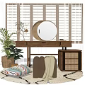 Wooden Dressing Table Interior With Round Mirror Shutter Blinds Potted Plant And Rug