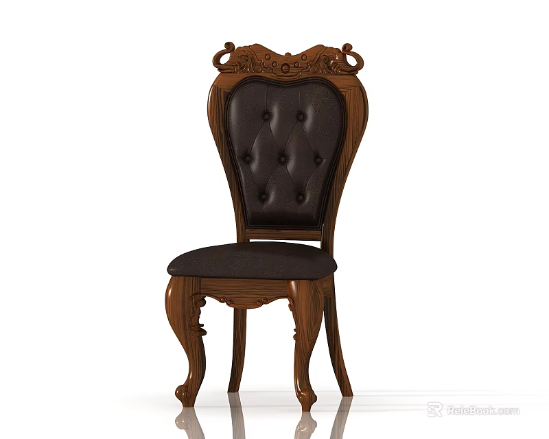 Classic Carved Wooden Single Chair with Tufted Leather Backrest and Ornate Legs 3d model 