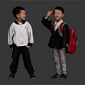 Two Young Boys Waving And Smiling In Casual Outfits With Red Backpack