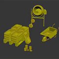 Industrial Style Decorative Ornament Set With Yellow Mixer Stacked Boxes White Wheelbarrow And Small Jars