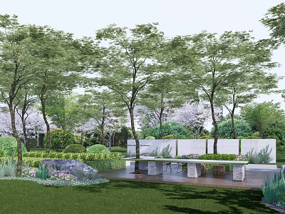 Modern Garden Landscape Wall Design With Trees Lawn Stone Bench And Flowers 3d model