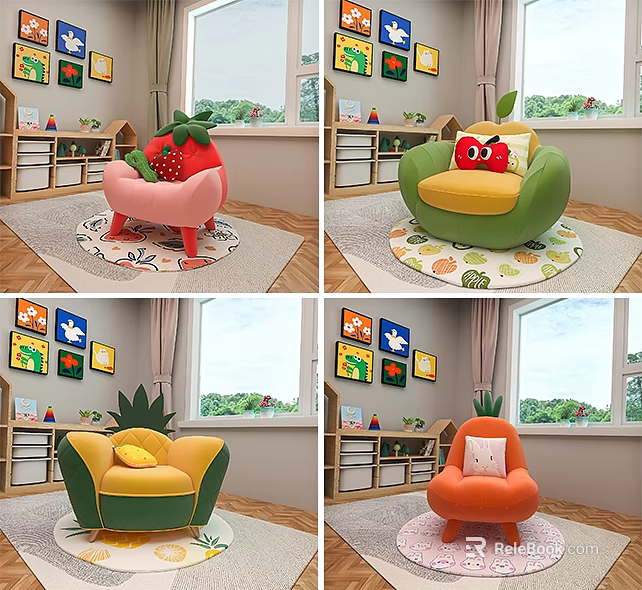 Kids Fruit Shaped Single Sofa with Cute Expressions in Children Room 3d model 