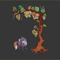 Cute Red Fox Standing By Grape Tree With Purple Grapes Green Leaves And Tree Roots