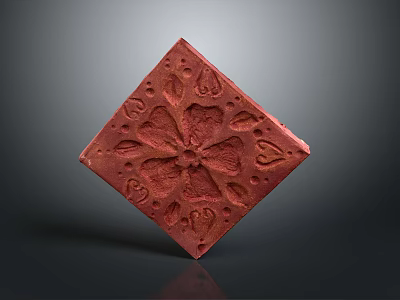 Red Diamond Shaped Decorative Carved Artifact With Intricate Floral Patterns 3d model