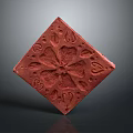 Red Diamond Shaped Decorative Carved Artifact With Intricate Floral Patterns