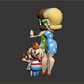 Happy Cartoon Game and Movie Characters With Female Aprons Holding Ice Cream and Children