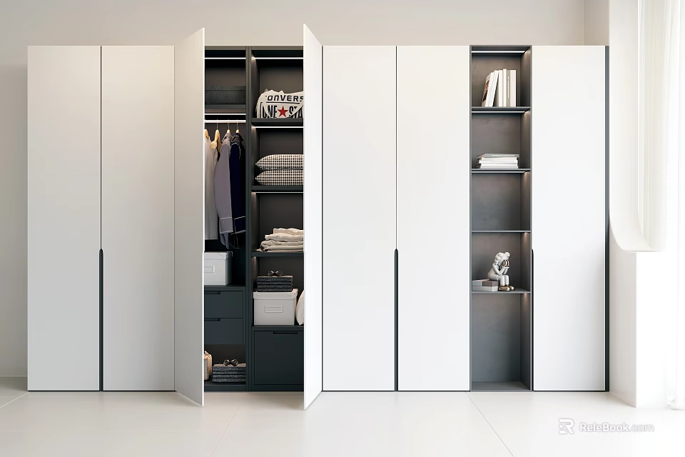 Modern Wardrobe Interior Organization With Hanging Clothes Stacked Items Shelves And Storage Boxes 3d model 