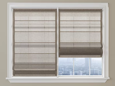 Elegant Linen Roman Blinds Double Layer Design With Window And City View 3d model