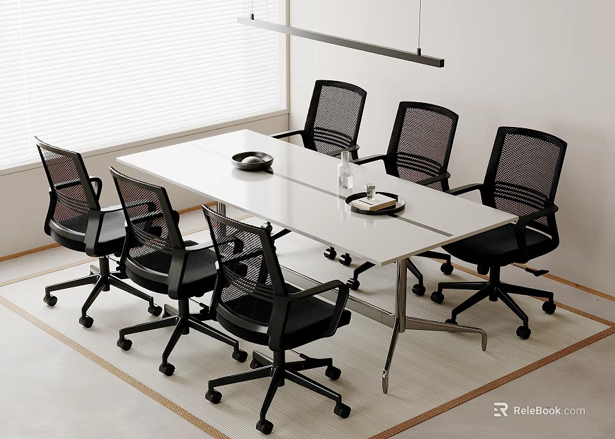 White Long Office Desk With Six Black Mesh Chairs Tray Water Bottle And Documents 3d model 