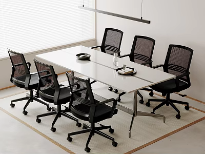 White Long Office Desk With Six Black Mesh Chairs Tray Water Bottle And Documents 3d model