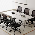 White Long Office Desk With Six Black Mesh Chairs Tray Water Bottle And Documents