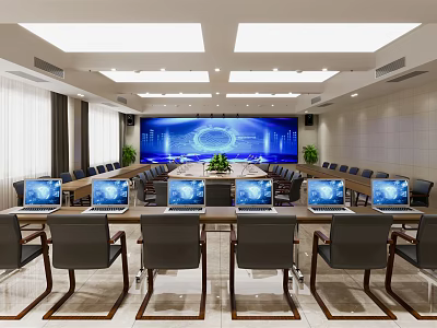 Modern Conference Room Interior Design With Long Table Laptops Large Screen And Chairs 3d model