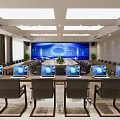 Modern Conference Room Interior Design With Long Table Laptops Large Screen And Chairs