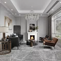 Elegant Modern Living Room Interior With Chandelier Fireplace Black Sofa And Marble Floor