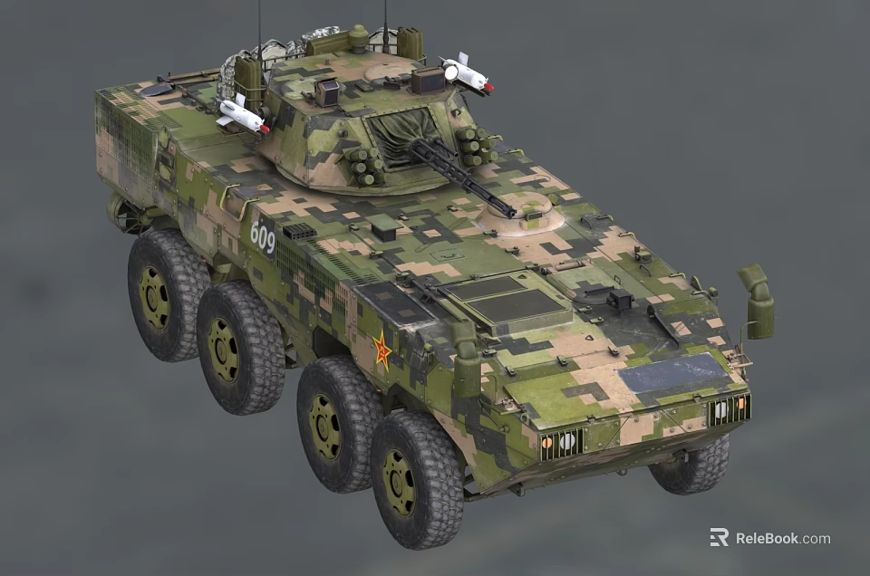 Camouflage Military Armored Functional Vehicle With Multi Wheel Design Number Insignia And Weaponry 3d model 