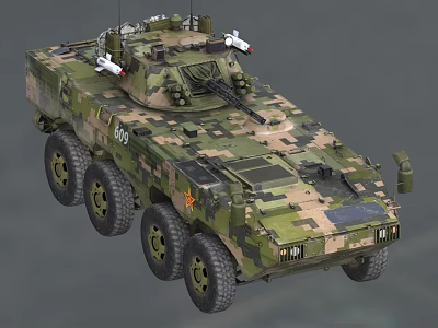 Camouflage Military Armored Functional Vehicle With Multi Wheel Design Number Insignia And Weaponry 3d model