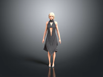 Woman In Gray High Neck Front Slit Dress With Blonde Hair Standing Against Gray Background 3d model