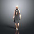 Woman In Gray High Neck Front Slit Dress With Blonde Hair Standing Against Gray Background