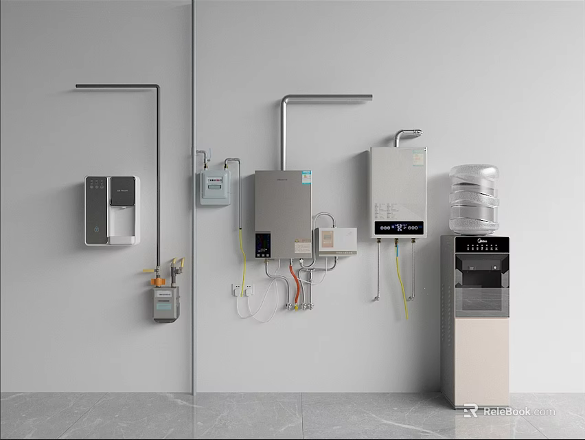 Daily Electrical Appliances Wall Mounted Water Heater and Standing Water Dispenser in Modern Home 3d model 