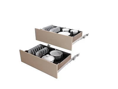 Double Tier Kitchenware Storage Drawers With Organized Plates Bowls And Utensils 3d model