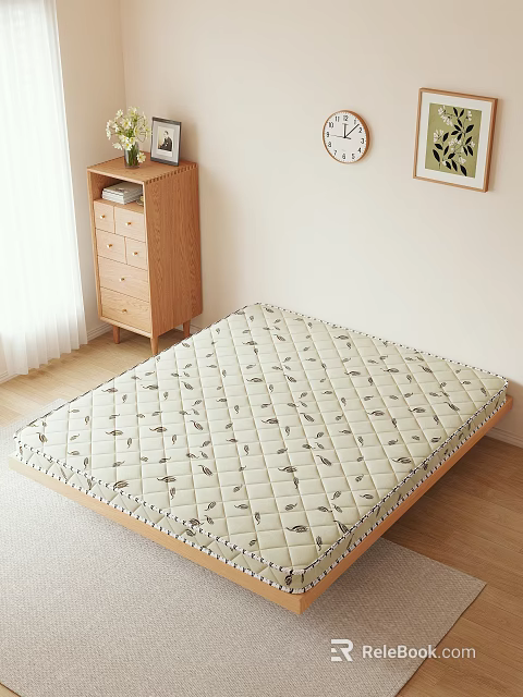 Comfortable Mattress With Diamond Quilted Leaf Print On Wooden Floor And Cabinet 3d model 