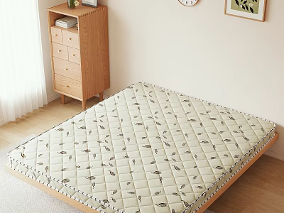 Comfortable Mattress With Diamond Quilted Leaf Print On Wooden Floor And Cabinet 3d model