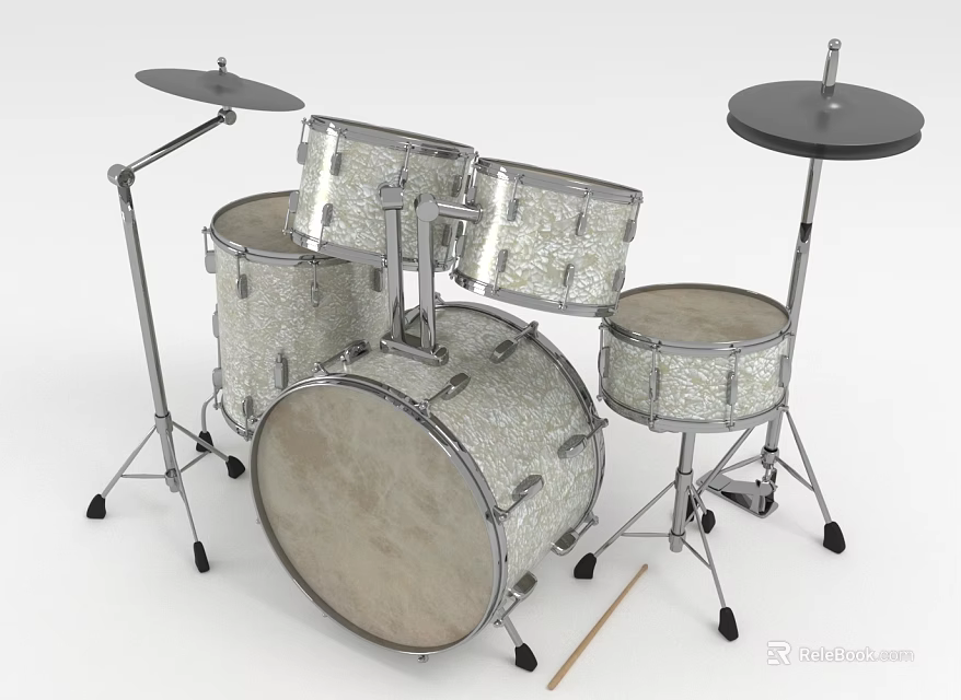 Complete Drum Set with Multiple Drums Cymbals and Metal Stands Featuring Sparkling Surface and Drumsticks 3d model 