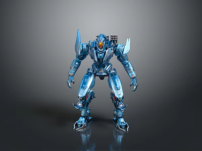 Blue Metallic Game Movie Robot Character With Glowing Orange Eyes And Mechanical Armor Design 3d model