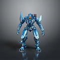 Blue Metallic Game Movie Robot Character With Glowing Orange Eyes And Mechanical Armor Design