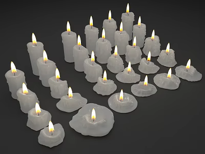 Illuminated White Candles In Various Shapes Arranged On Black Background 3d model