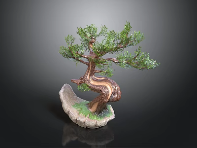 Artistic Bonsai Pine Tree With Curved Trunk Green Foliage And Rock Base 3d model