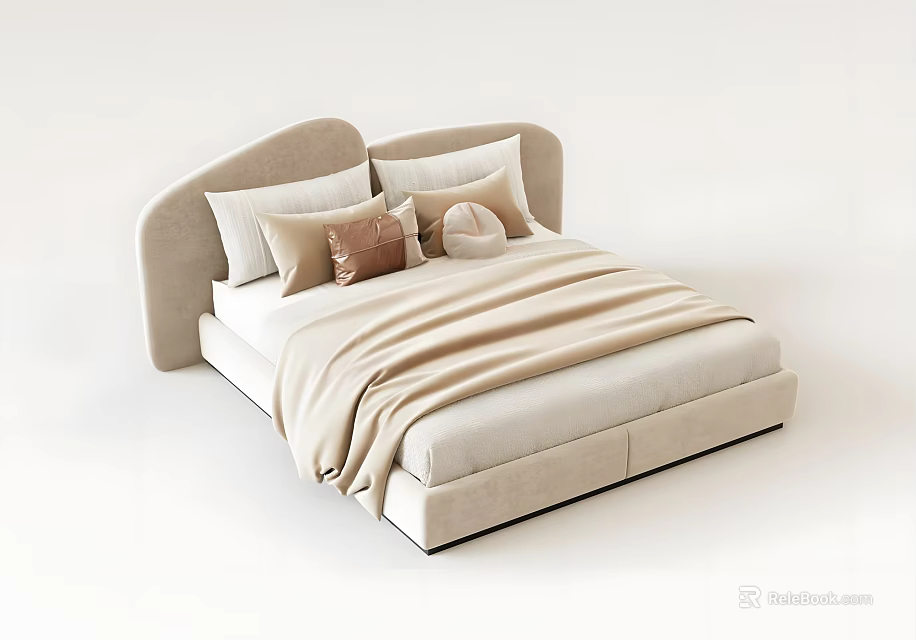 Comfortable Modern Double Bed With Curved Beige Headboard And Soft Pillows Blanket 3d model 