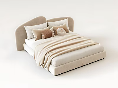 Comfortable Modern Double Bed With Curved Beige Headboard And Soft Pillows Blanket 3d model