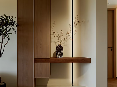 Modern Dining Living Room Interior With Wooden Shelf Decorative Vase And Soft Lighting 3d model