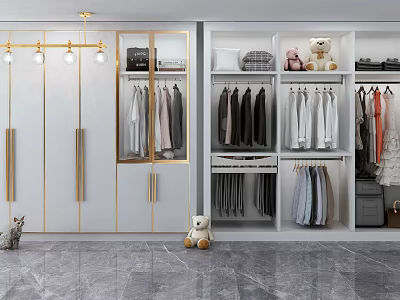 Modern White Closet Interior With Gold Handles Hanging Folded Clothes And Marble Floor 3d model