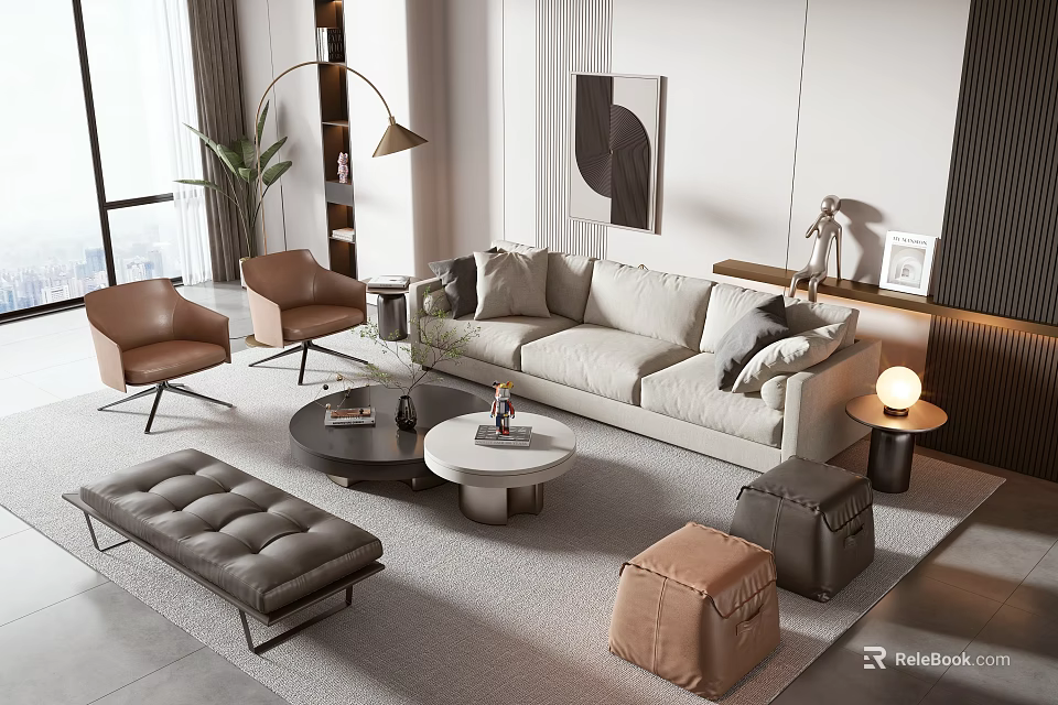 Modern Living Room Interior Sofa And Coffee Table Set With Brown Chairs Ottoman And Decorative Elements 3d model 