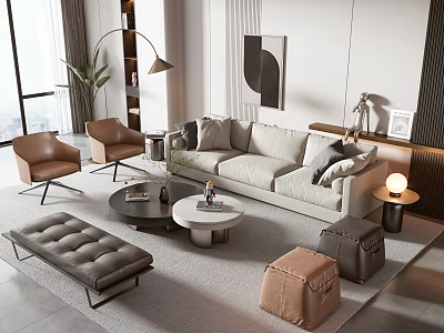 Modern Living Room Interior Sofa And Coffee Table Set With Brown Chairs Ottoman And Decorative Elements 3d model